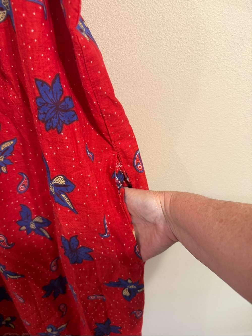 Loungees Retro Red Paisley Floral Cotton Dress Size Large With Pockets Boho - Picture 3 of 8